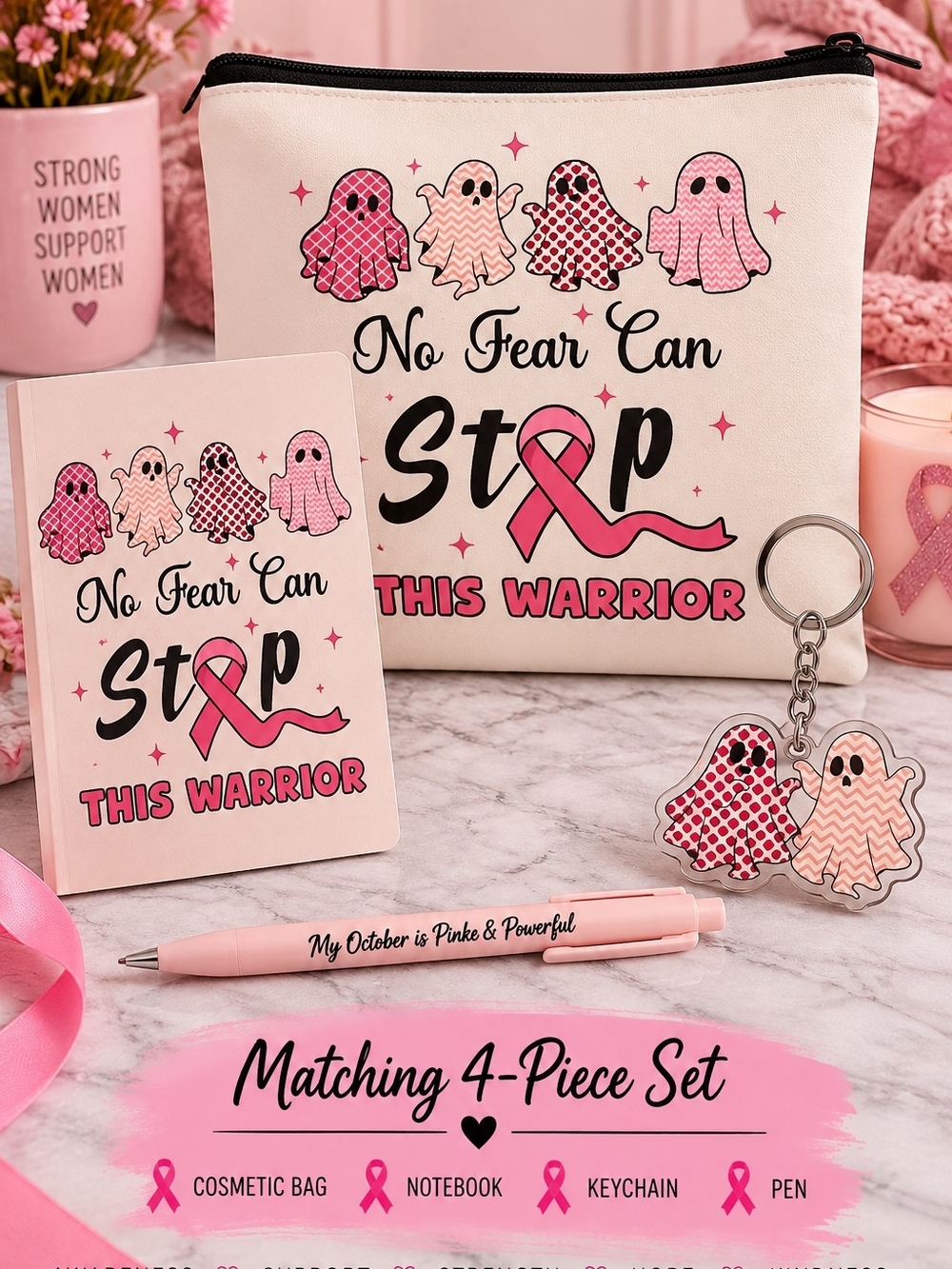 Pink Halloween Breast Cancer Awareness Ghost 4-Piece Gift Set!!